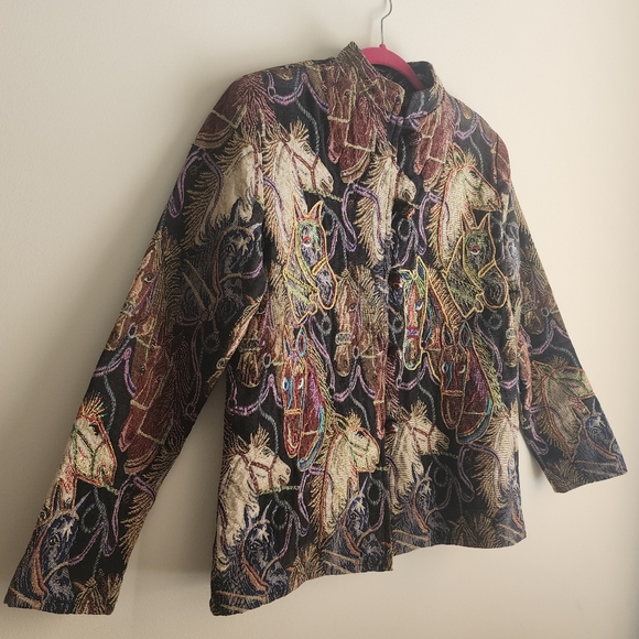 Vintage 90s Daniel K Embroidered Tapestry Horse Head Print Woven Blazer Jacket S - Picture 5 of 13